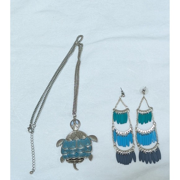 Jewelry - Turquoise Blues and Silver Turtle pendant necklace and Chandelier Earrings